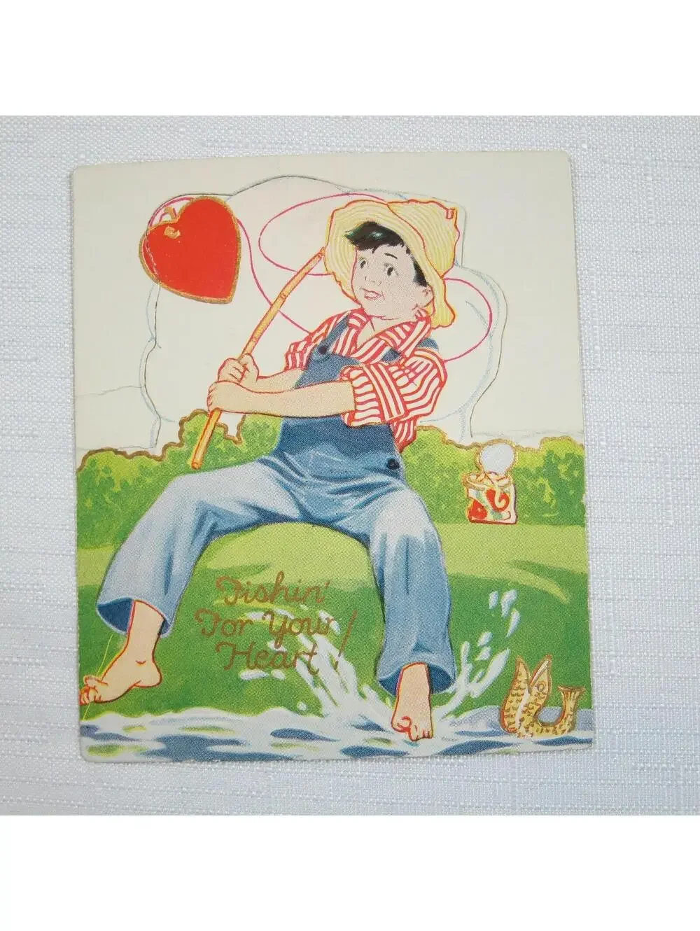 Vintage Valentine 1929 Stand Up Boy Fishing For Heart American Colortype Co USA